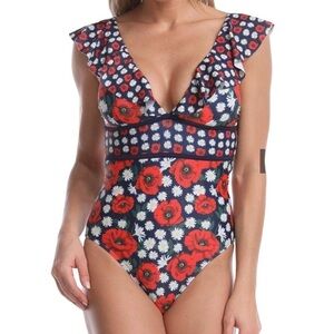 NWT Juicy Couture Floral Print Deep V Ruffle One Piece Swimsuit